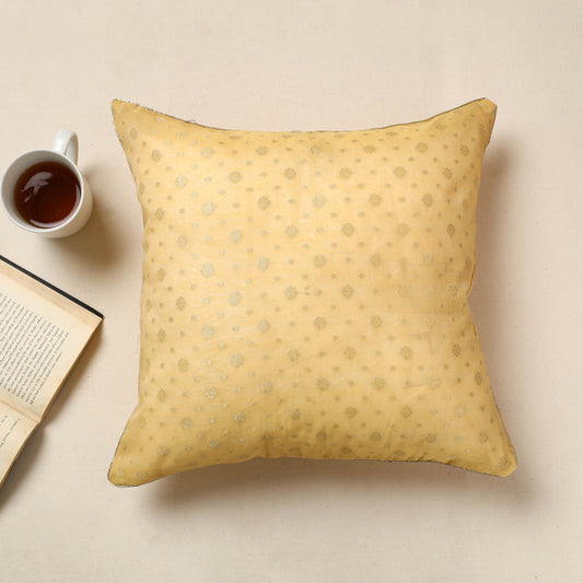 Yellow - Banarasi Handwoven Zari Work Silk Cotton Cushion Cover (16 x 16 in) 15
