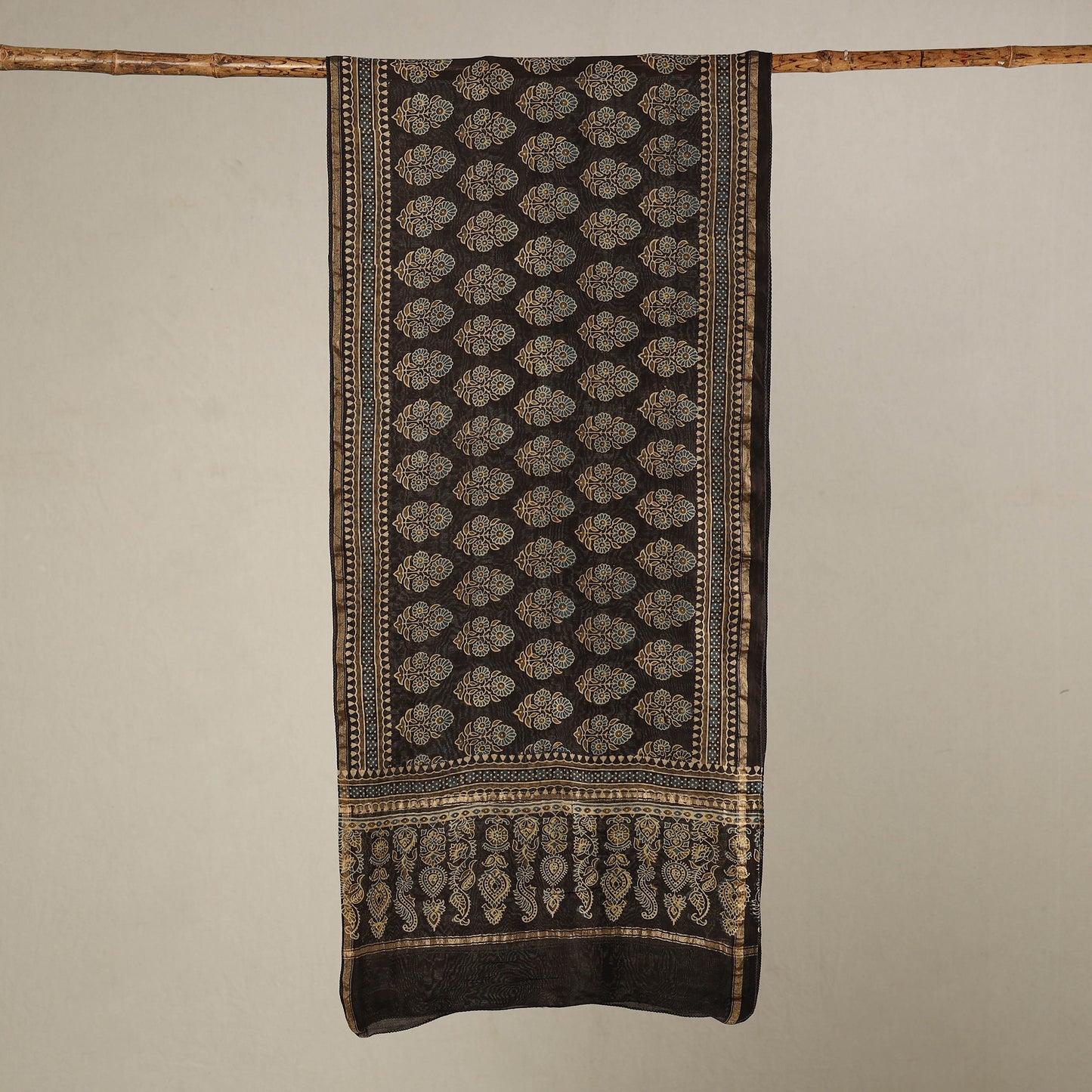 Black - Handloom Chanderi Silk Block Printed Ajrakh Stole 16