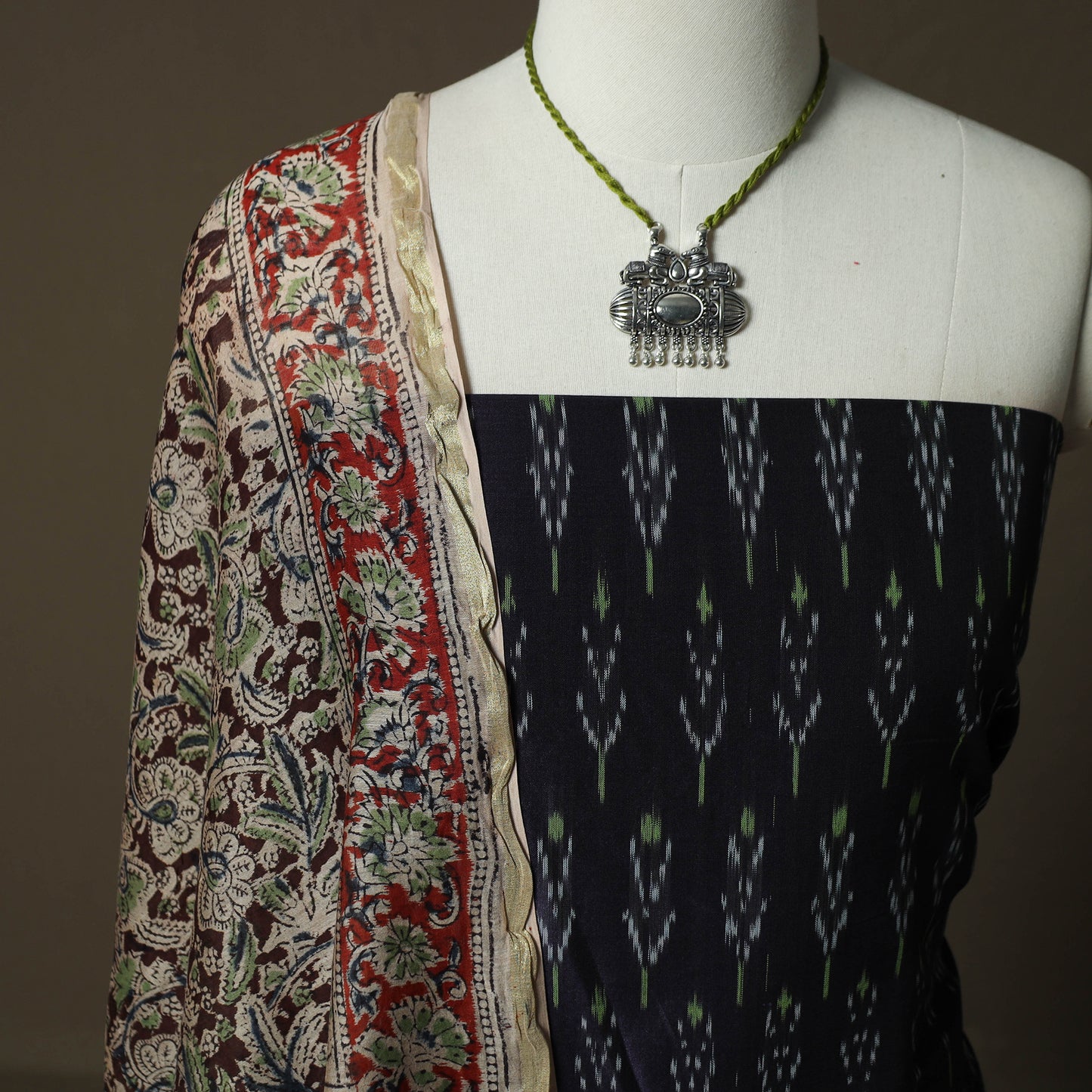 Pochampally Ikat Weave Mercerised Cotton 2pc Unstitched Dress Material Kurta Set with Jewellery 16
