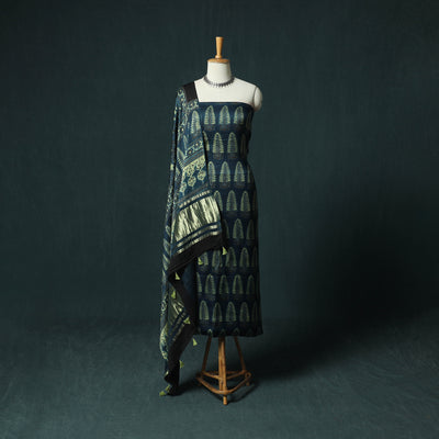 Blue - Ajrakh Hand Block Print Natural Dyed Modal Silk 2pc Unstitched Dress Material Kurta Set 35