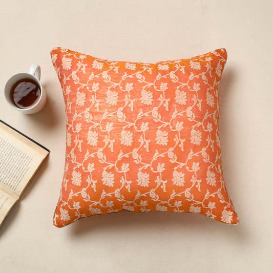 Orange - Banarasi Handwoven Cut Work Silk Cotton Cushion Cover (16 x 16 in) 16