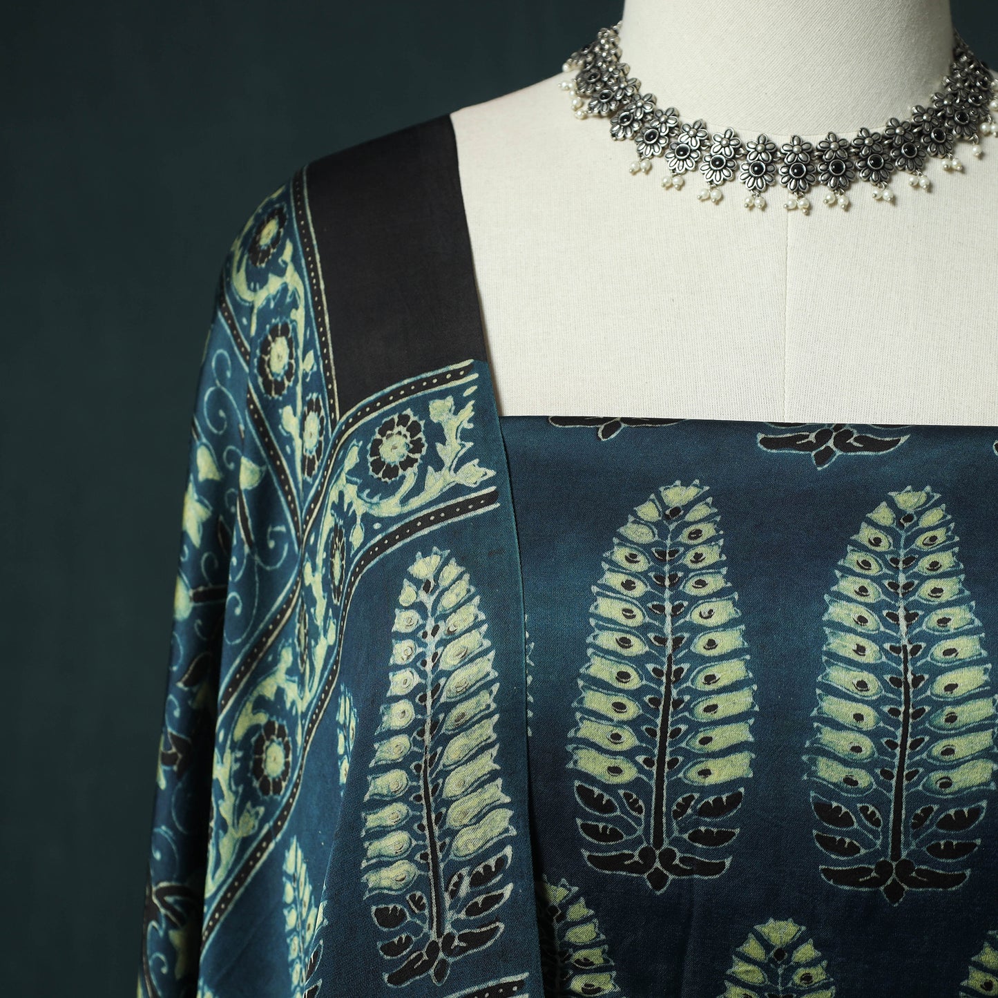 Blue - Ajrakh Hand Block Print Natural Dyed Modal Silk 2pc Unstitched Dress Material Kurta Set 35