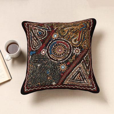 Kala Raksha Rabari Applique Hand Embroidery Cotton Cushion Cover (16 x 16 in)