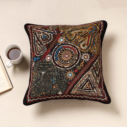 Kala Raksha Rabari Applique Hand Embroidery Cotton Cushion Cover (16 x 16 in)