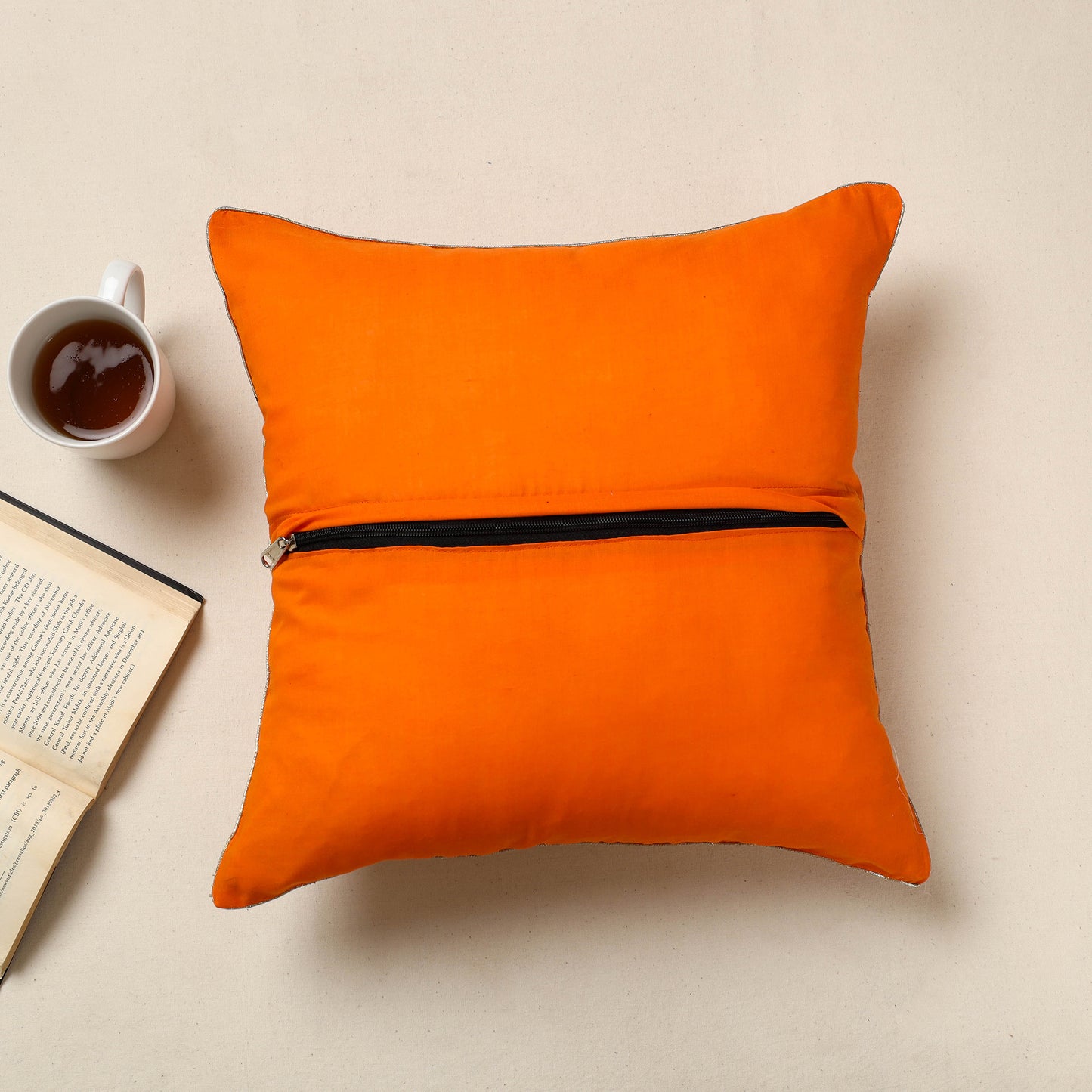 Orange - Banarasi Handwoven Cut Work Silk Cotton Cushion Cover (16 x 16 in) 16
