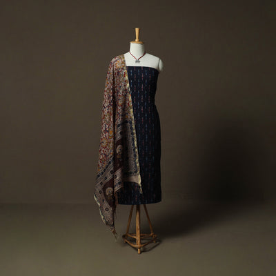 Pochampally Ikat Weave Cotton 2pc Unstitched Dress Material Kurta Set with Jewellery 17