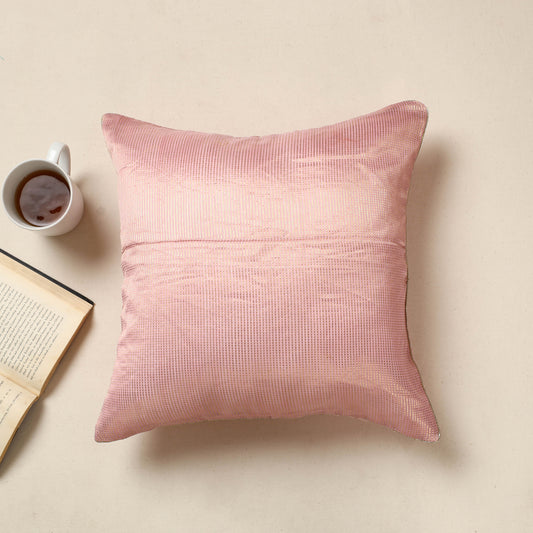 Pink - Banarasi Handwoven Zari Work Silk Cotton Cushion Cover (16 x 16 in) 20
