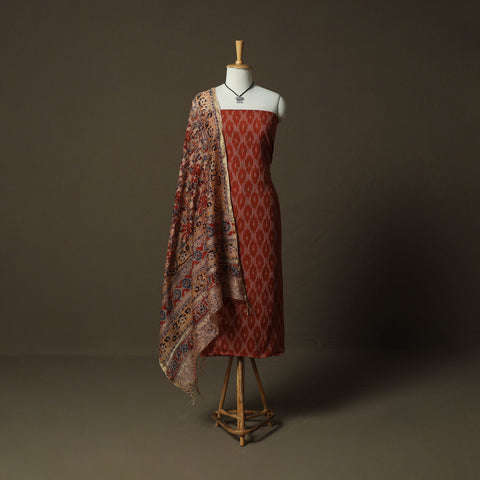 Pochampally Ikat Weave Cotton 2pc Unstitched Dress Material Kurta Set with Jewellery 19