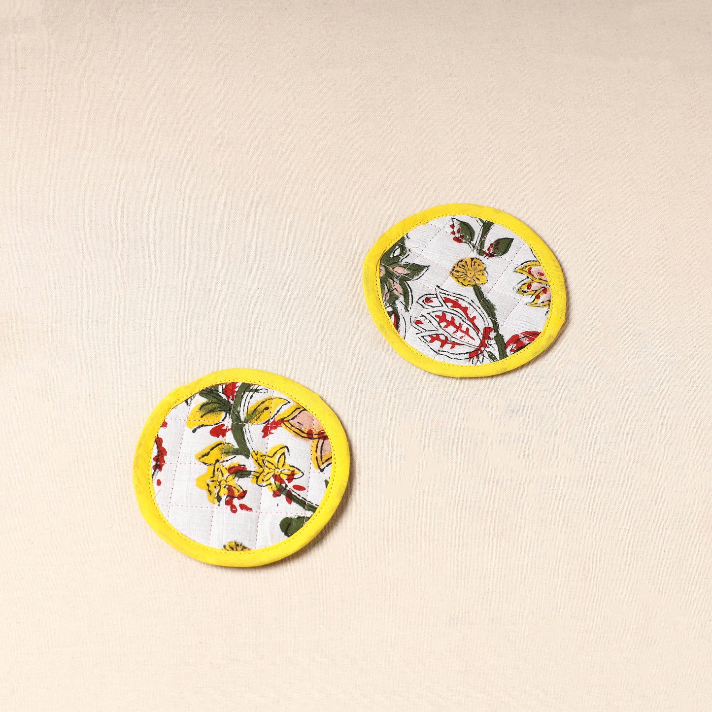 Yellow - Handcrafted Sanganeri Print Coaster (Set of 2) 09