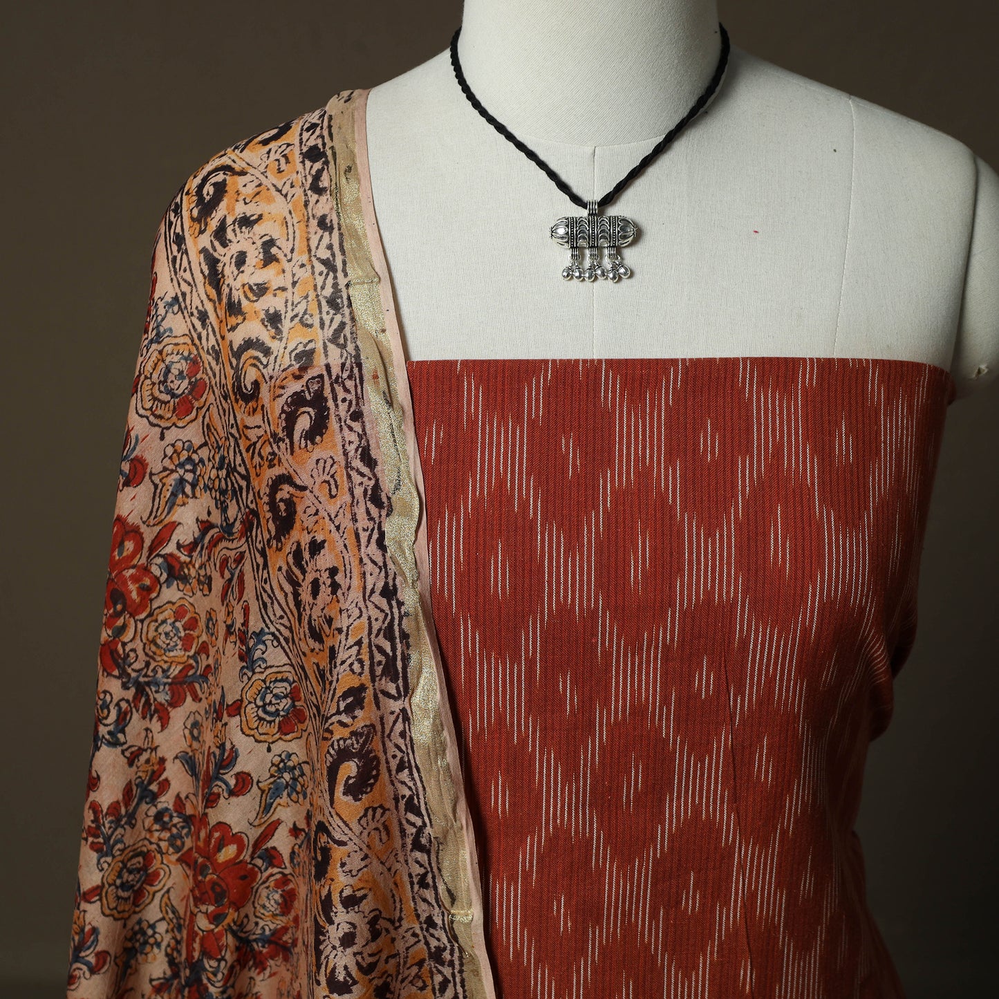 Pochampally Ikat Weave Cotton 2pc Unstitched Dress Material Kurta Set with Jewellery 19