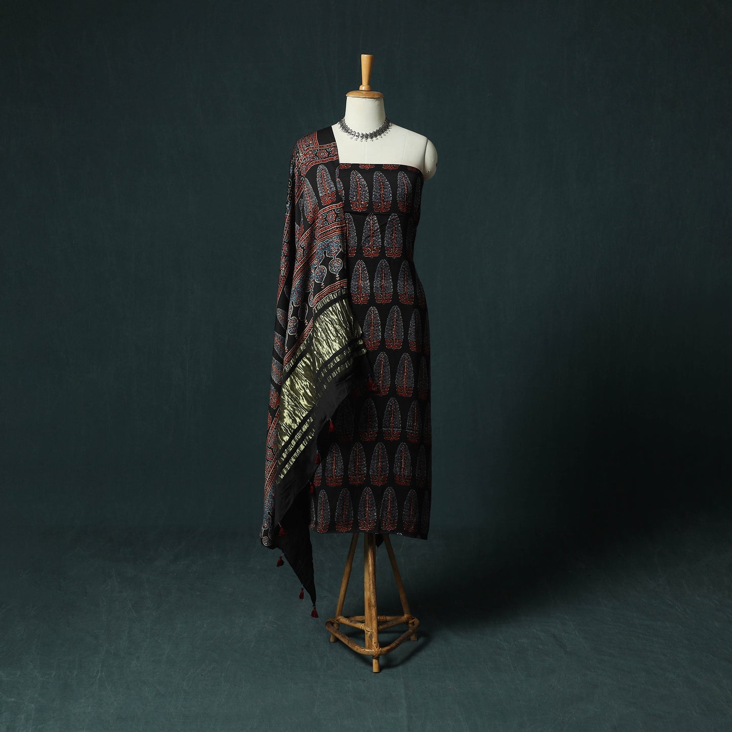 Black - Ajrakh Hand Block Print Natural Dyed Modal Silk 2pc Unstitched Dress Material Kurta Set 39