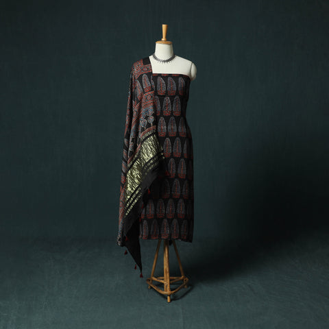 Black - Ajrakh Hand Block Print Natural Dyed Modal Silk 2pc Unstitched Dress Material Kurta Set 39