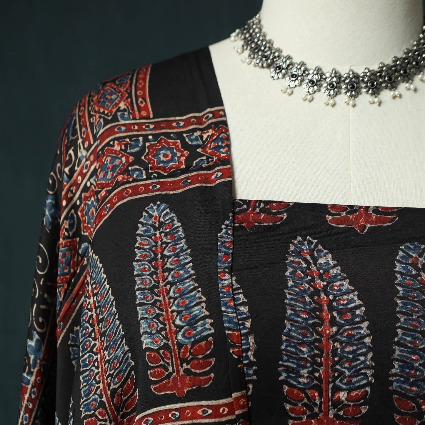 Black - Ajrakh Hand Block Print Natural Dyed Modal Silk 2pc Unstitched Dress Material Kurta Set 39