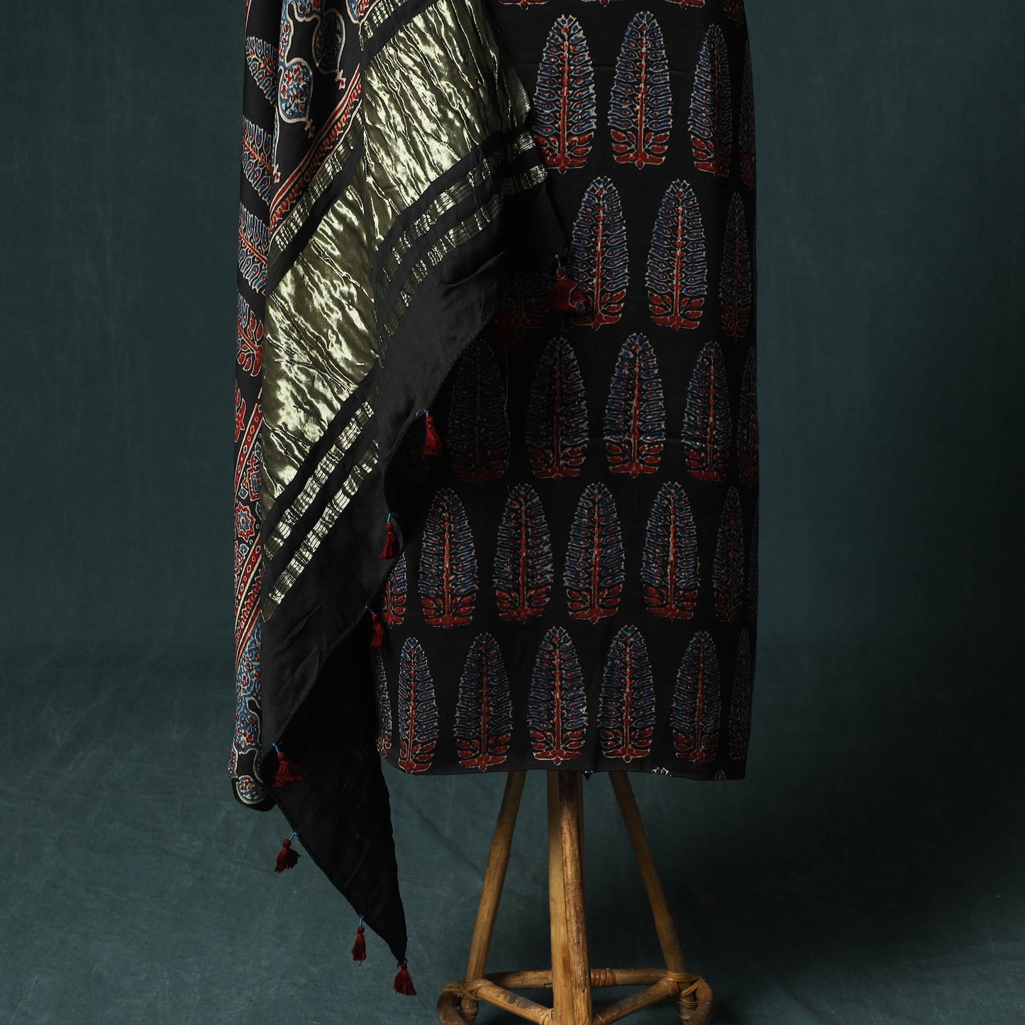 Black - Ajrakh Hand Block Print Natural Dyed Modal Silk 2pc Unstitched Dress Material Kurta Set 39