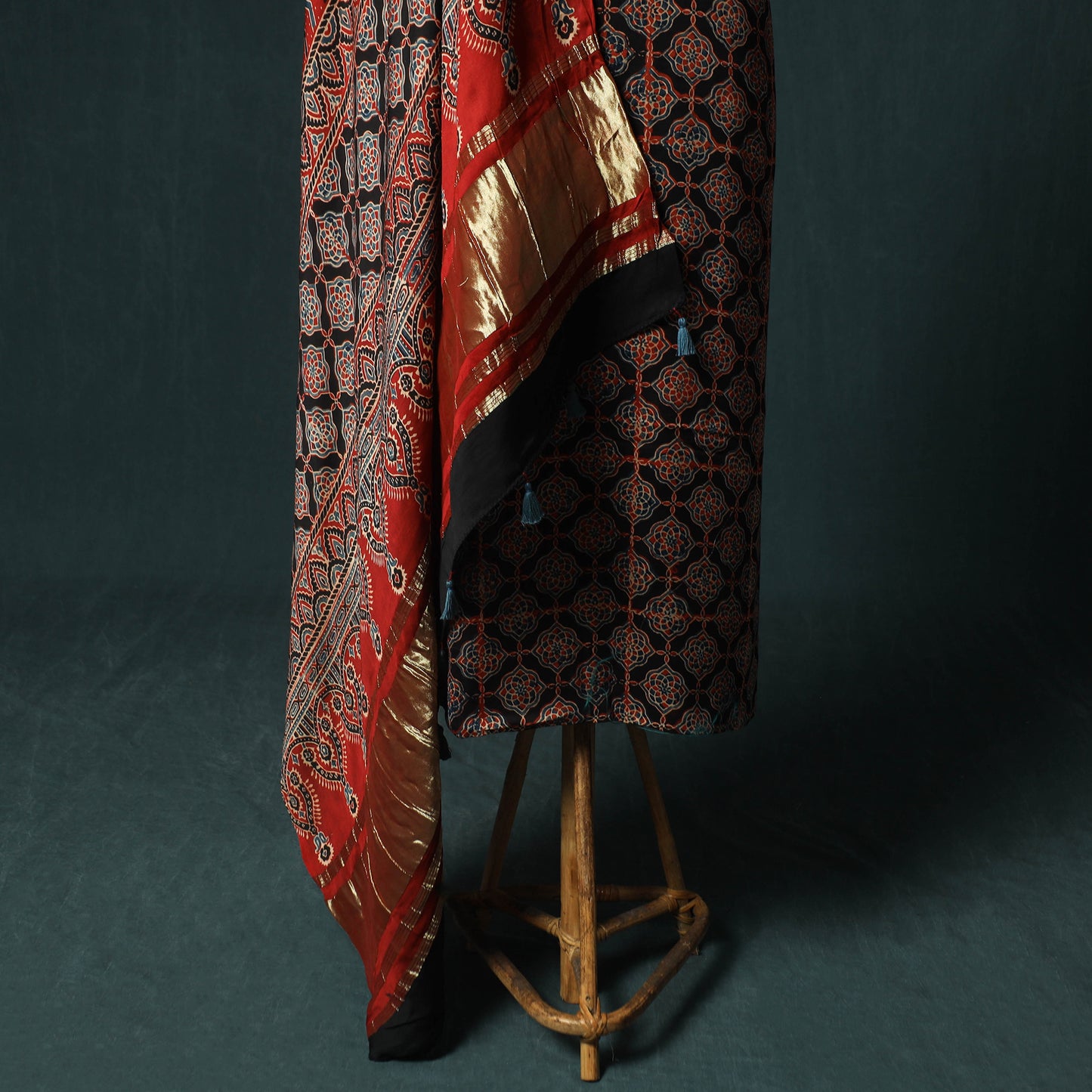 Black - Ajrakh Hand Block Print Natural Dyed Modal Silk 2pc Unstitched Dress Material Kurta Set 40