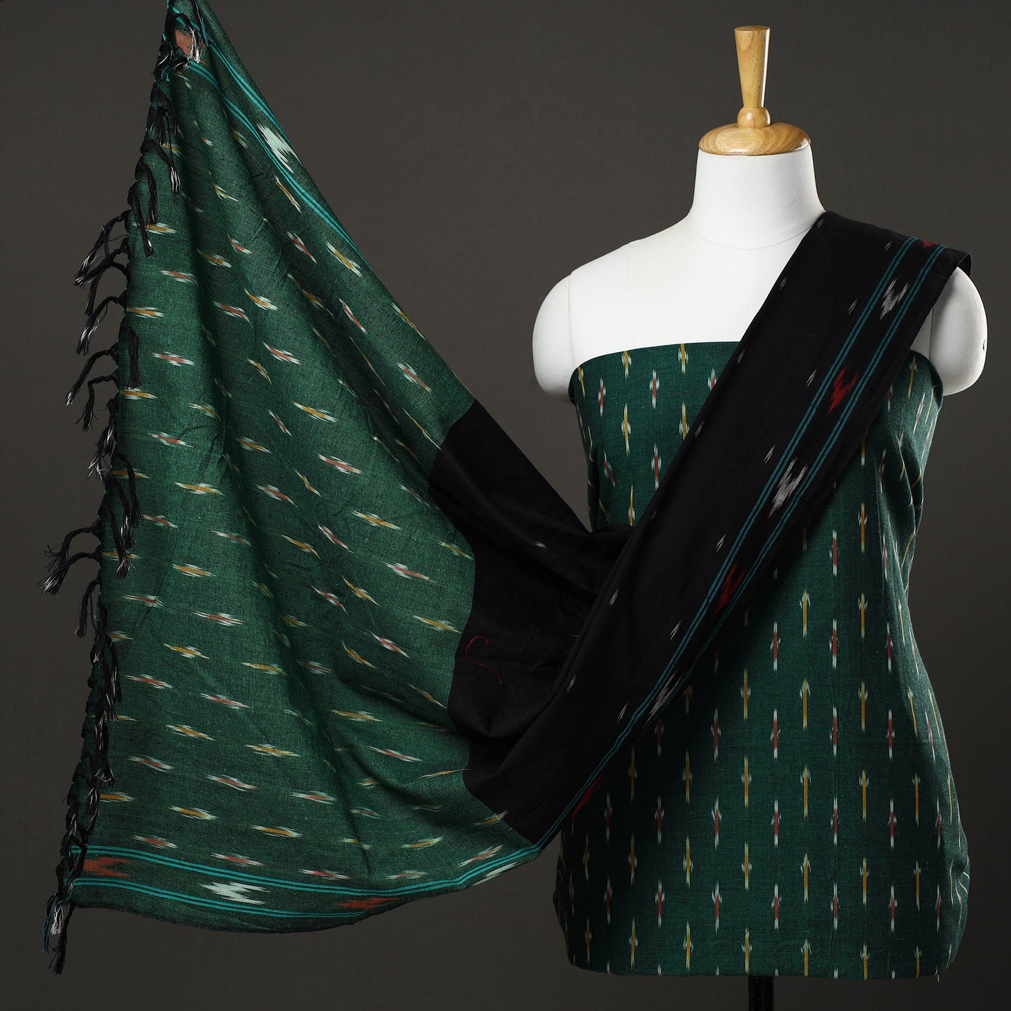Green - 3pc Pochampally Ikat Handloom Cotton Suit Material Set 02