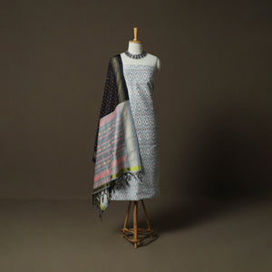 Grey - Handloom Sico Pochampally Ikat 2pc Unstitched Dress Material Kurta Set 01