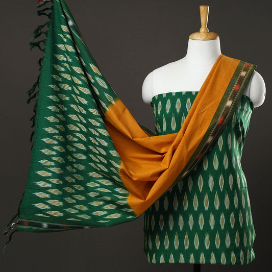 Green - 3pc Pochampally Ikat Handloom Cotton Suit Material Set 04
