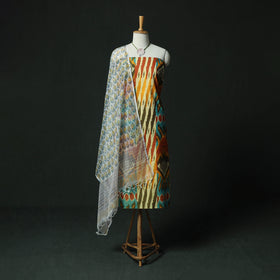 Pochampally Central Asian Ikat Woven 2pc Cotton Unstitched Dress Material Kurta Set with Jewellery 01