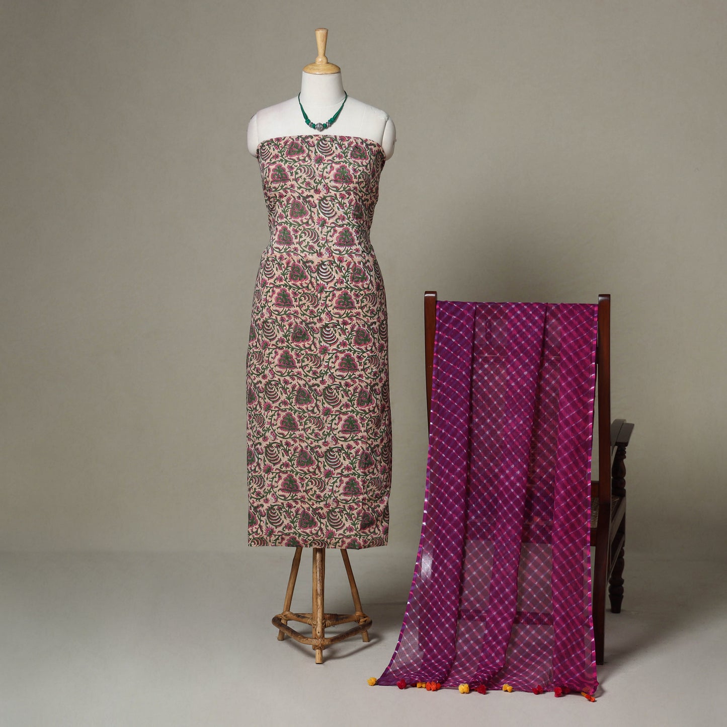 Pink - 2pc unstitched sanganeri dress material