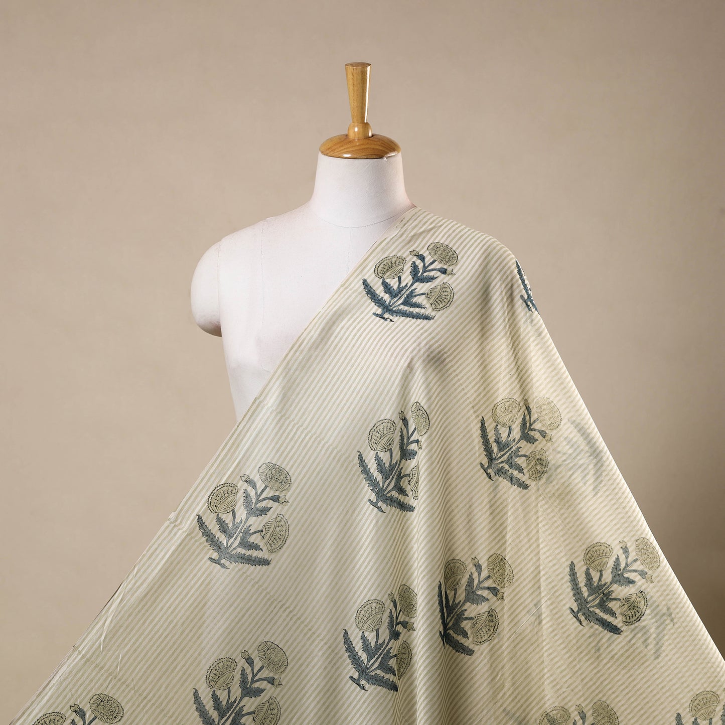 Beige Handloom Chanderi Silk Block Print Sanganeri Fabric