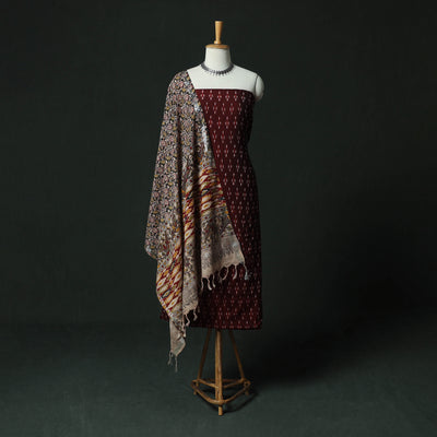Pochampally Ikat Woven 2pc Mercerised Cotton Unstitched Dress Material Kurta Set with Earrings 02