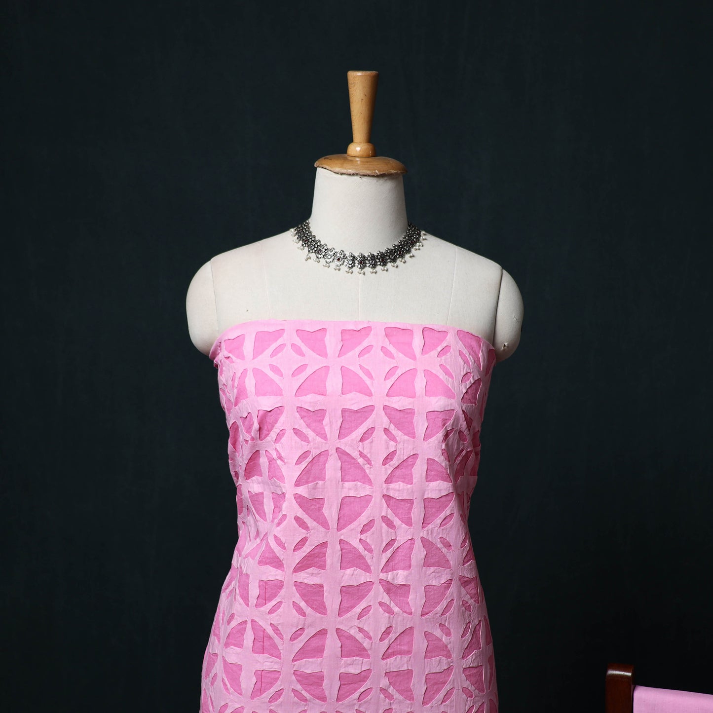 Pink - Barmer Applique Cutwork Cotton 3pc Unstitched Dress Material Suit Set 02
