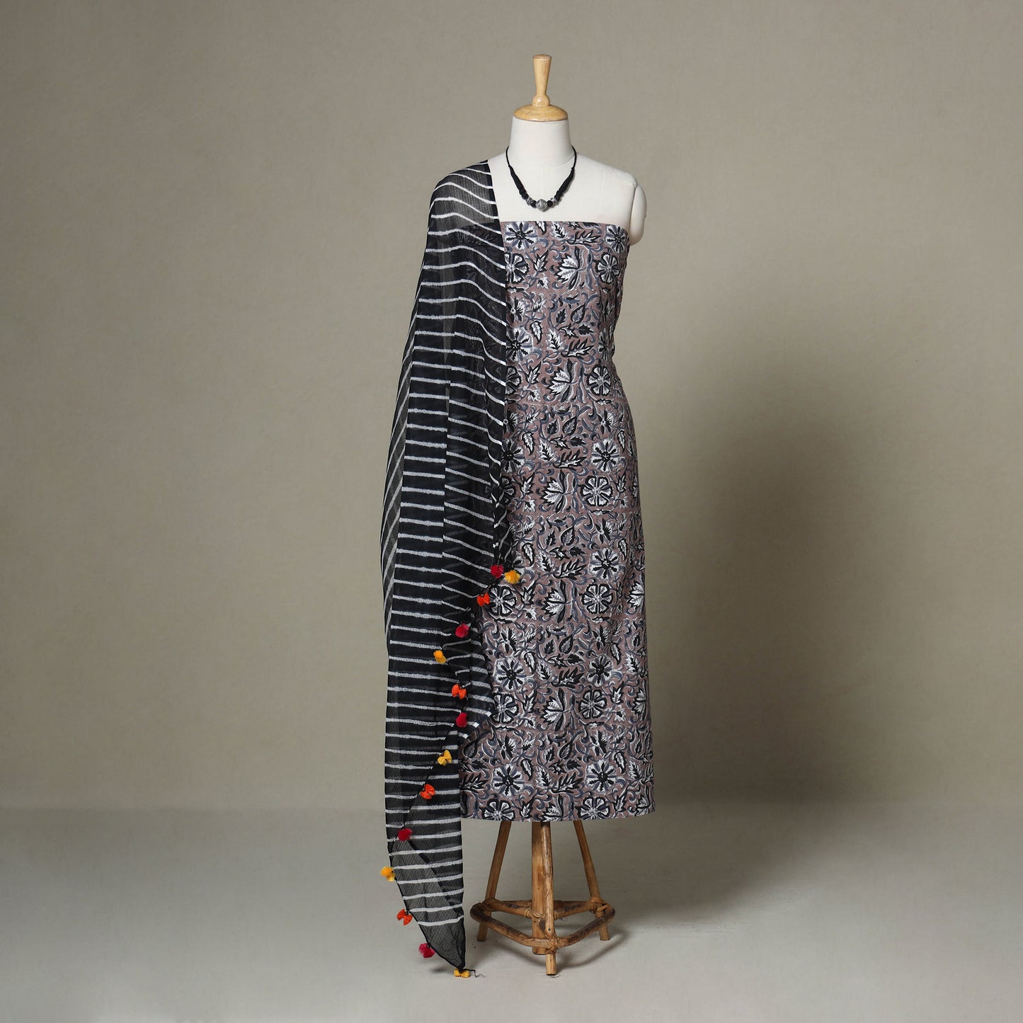 Brown - 2pc unstitched sanganeri dress material