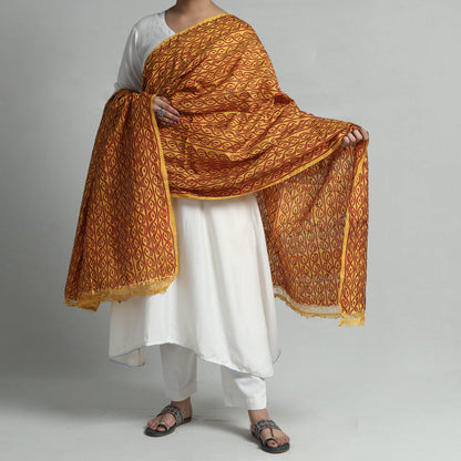 Orange - Bengal Kantha Embroidery Block Printed Silk Handloom Dupatta 17