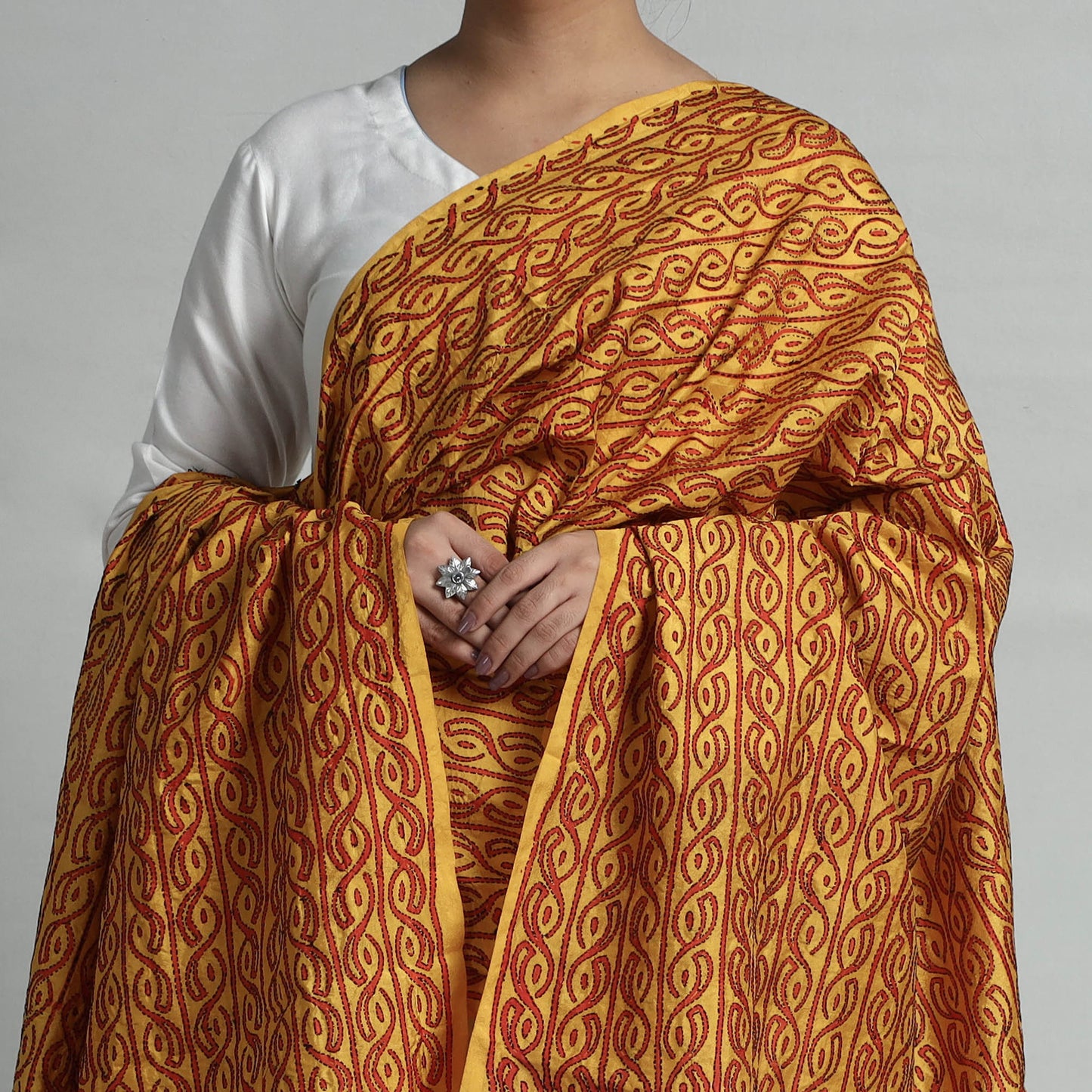 Orange - Bengal Kantha Embroidery Block Printed Silk Handloom Dupatta 17