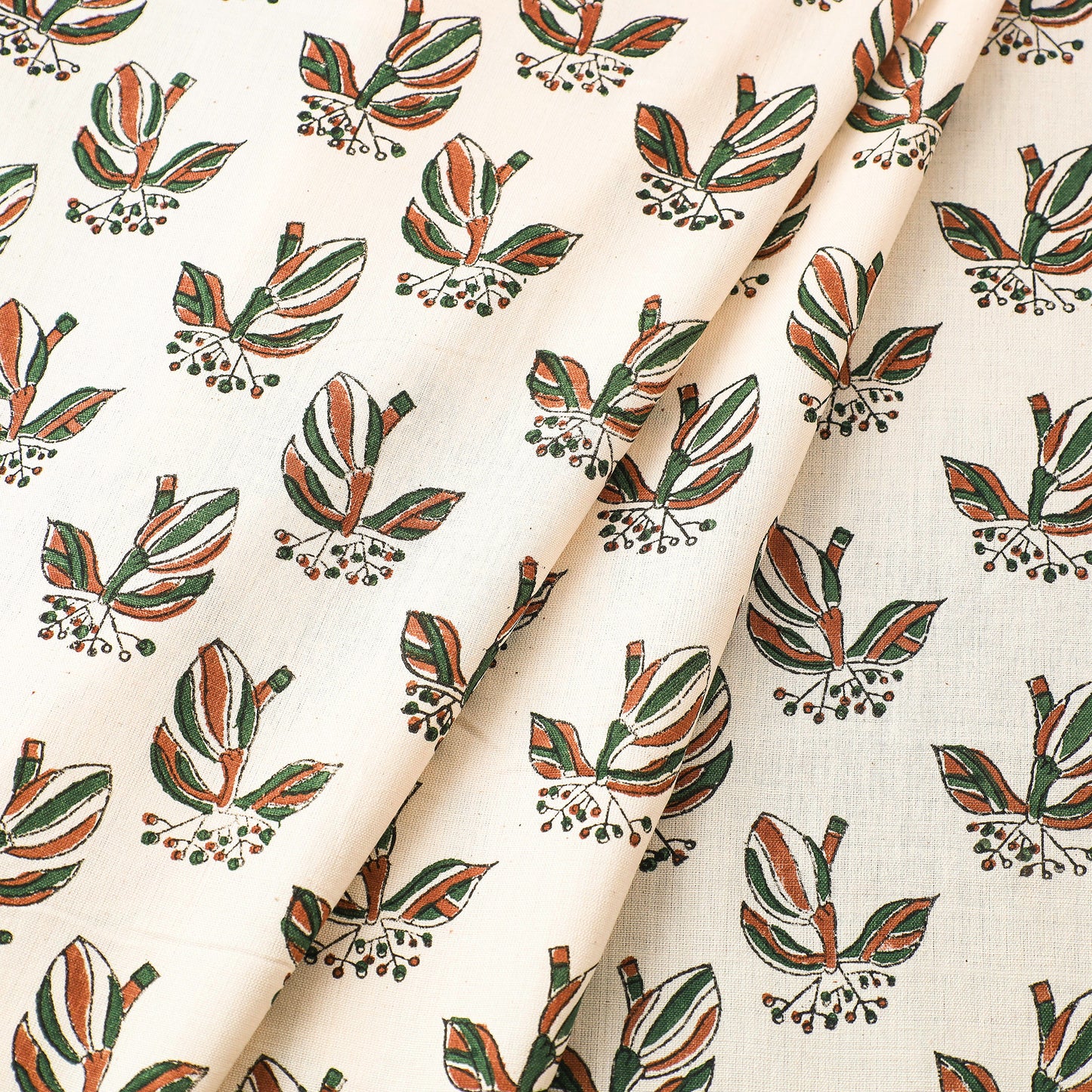 Beige - Mangalgiri Block Printed Handwoven Cotton Fabric