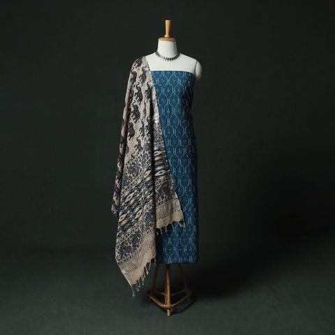 Pochampally Ikat Woven 2pc Cotton Unstitched Dress Material Kurta Set with Earrings 04