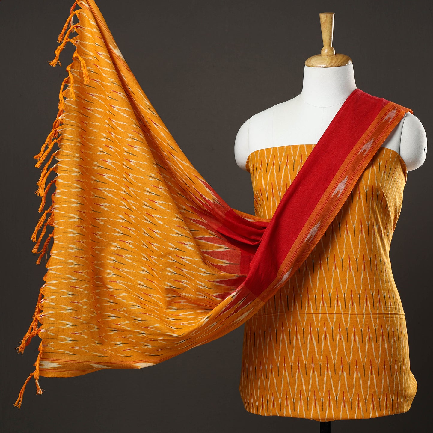 Orange - 3pc Pochampally Ikat Handloom Cotton Suit Material Set 13