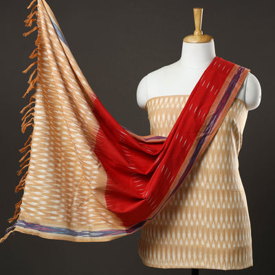 Brown - 3pc Pochampally Ikat Handloom Cotton Suit Material Set 14