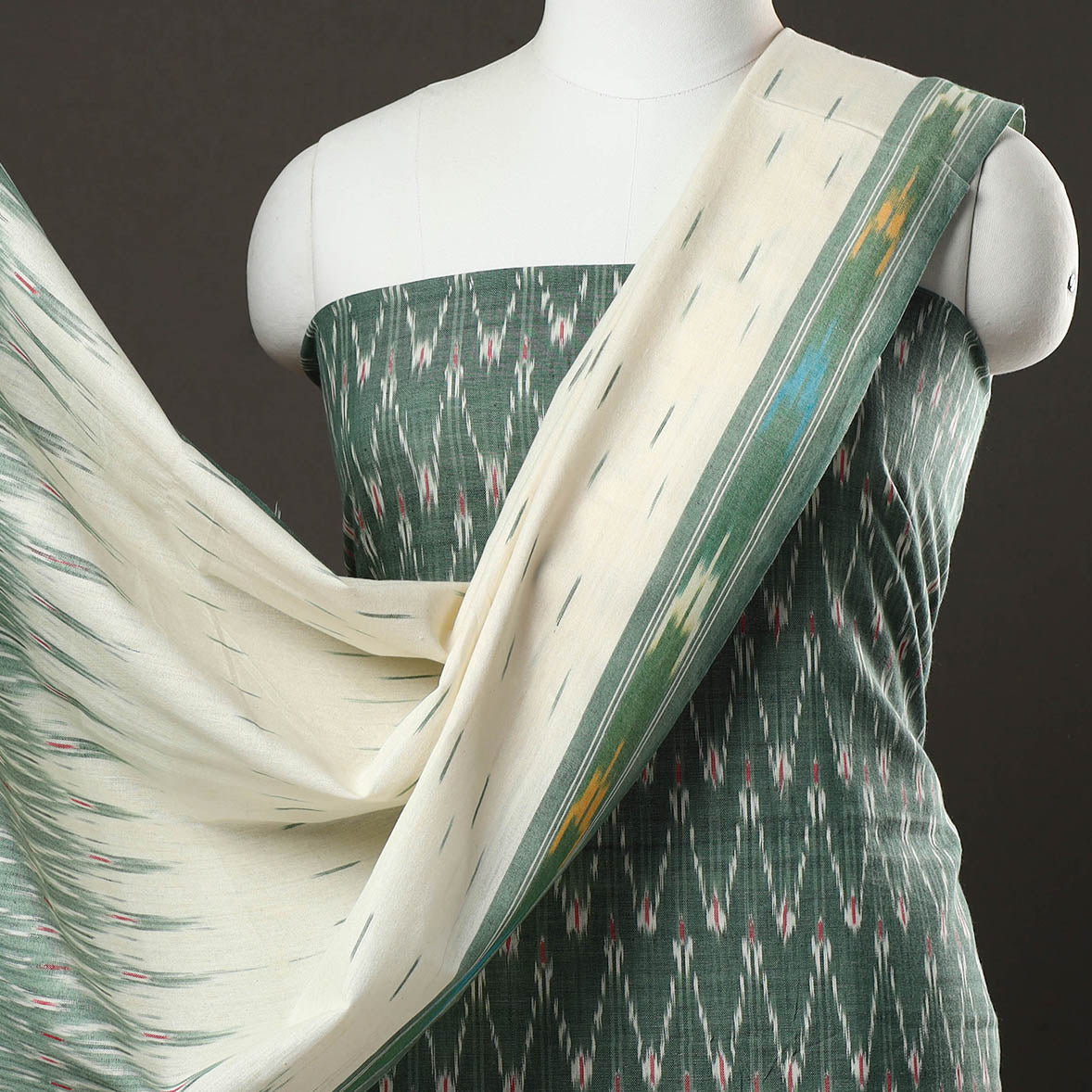 Green - 3pc Pochampally Ikat Handloom Cotton Suit Material Set 15