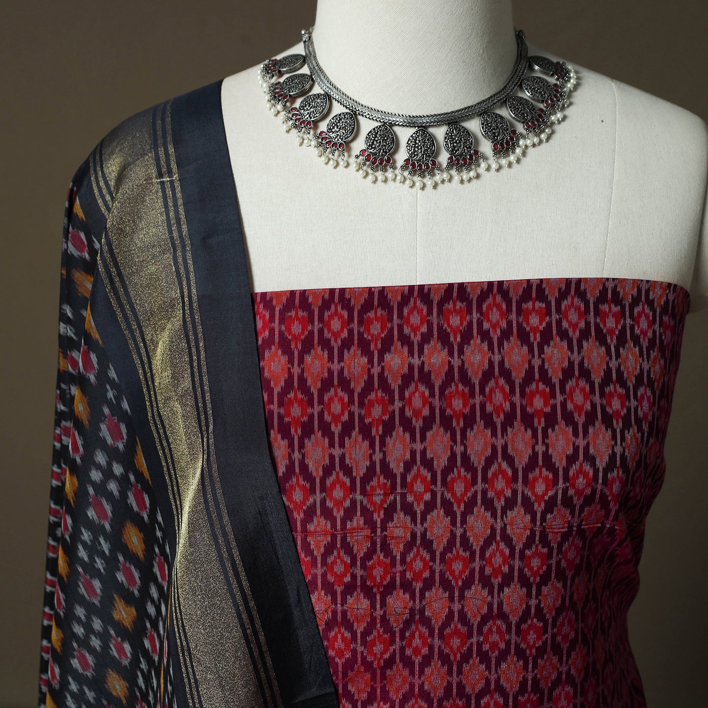 Handloom Sico Pochampally Ikat 2pc Unstitched Dress Material Kurta Set 09