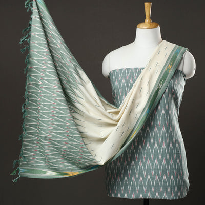 Green - 3pc Pochampally Ikat Handloom Cotton Suit Material Set 16