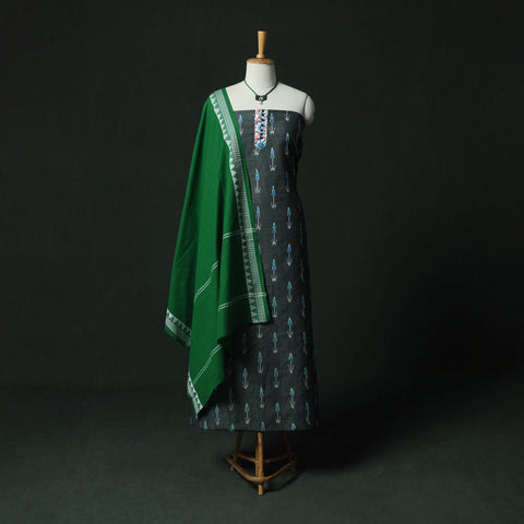 Pochampally Ikat Woven 2pc Cotton Unstitched Dress Material Kurta Set with Jewellery 06