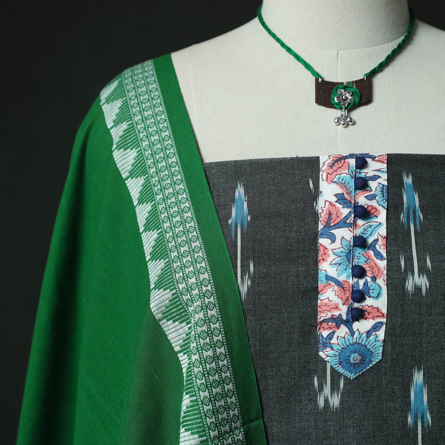 Pochampally Ikat Woven 2pc Cotton Unstitched Dress Material Kurta Set with Jewellery 06