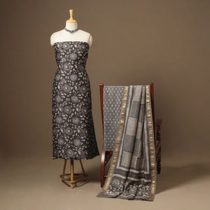 Brown 3pc Natural Dyed Maheshwari Silk Unstitched Vanaspati Jahota Dress Material