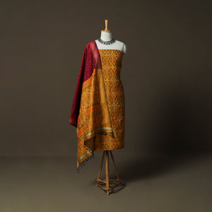 Yellow - Handloom Sico Pochampally Ikat 2pc Unstitched Dress Material Kurta Set 14