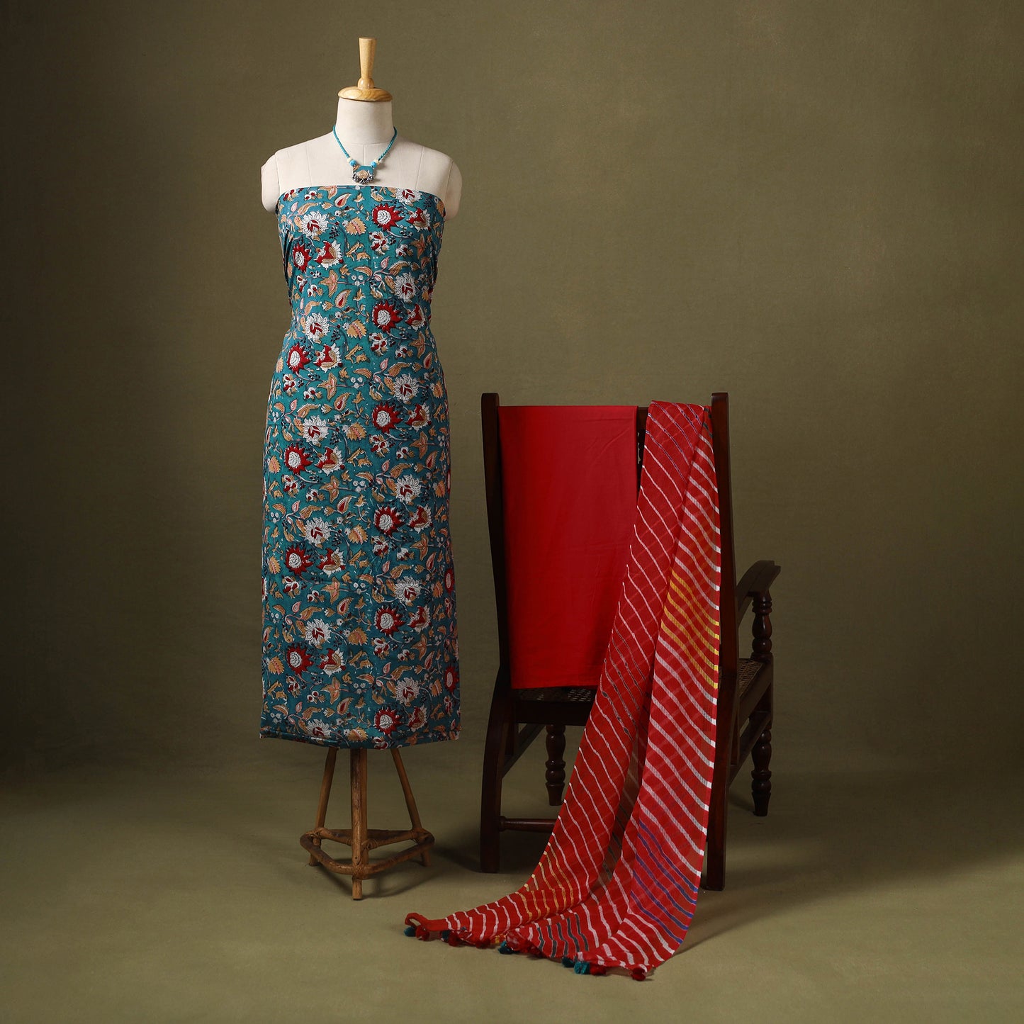 Green Designer! Block Print Cotton Dress Material with Jewellery Set