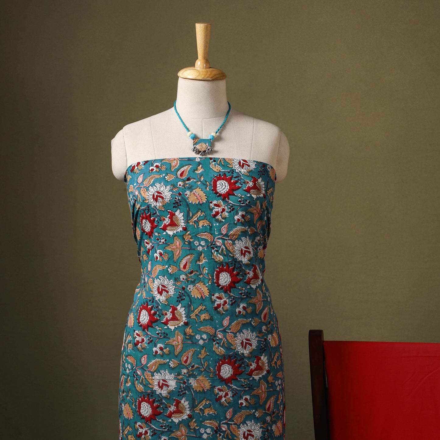 Green Designer! Block Print Cotton Dress Material with Jewellery Set