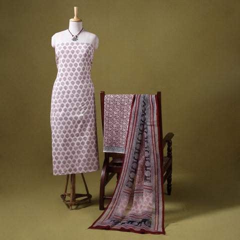 Beige 3pc Cotton Bagh Print Dress Material with Jewellery Set 