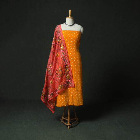 Kutch Bandhani Tie-Dye Cotton 2pc Unstitched Dress Material Kurta Set with Earrings 01