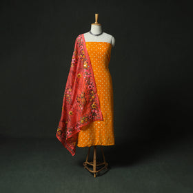 Yellow - Kutch Bandhani Tie-Dye Cotton 2pc Unstitched Dress Material Kurta Set with Earrings 01