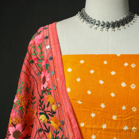 Yellow - Kutch Bandhani Tie-Dye Cotton 2pc Unstitched Dress Material Kurta Set with Earrings 01
