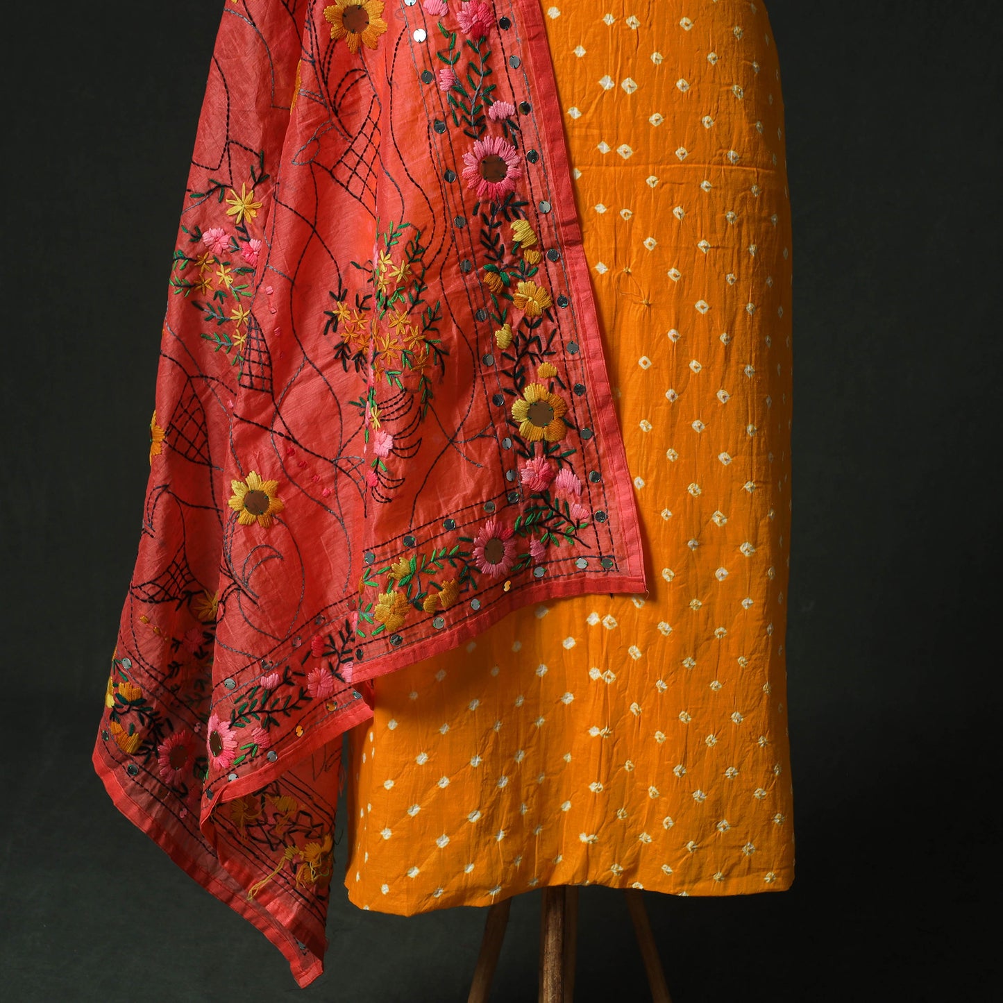 Yellow - Kutch Bandhani Tie-Dye Cotton 2pc Unstitched Dress Material Kurta Set with Earrings 01
