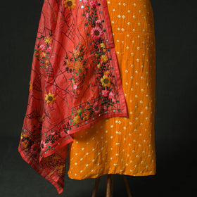 Yellow - Kutch Bandhani Tie-Dye Cotton 2pc Unstitched Dress Material Kurta Set with Earrings 01