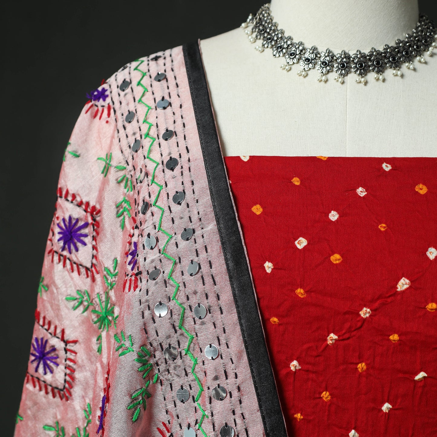 Red - Kutch Bandhani Tie-Dye Cotton 2pc Unstitched Dress Material Kurta Set with Earrings 02